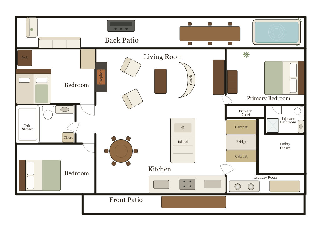 Floor plan showing the rooms, patios, living area, kitchen, and hot tub at Northern Lights Aurora