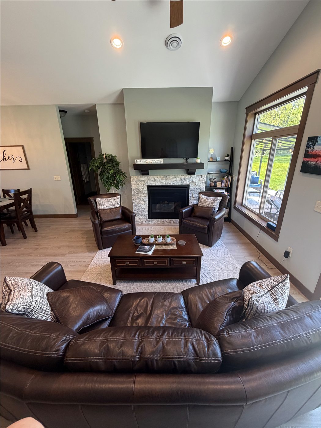 Living room with fireplace and comfortable seating